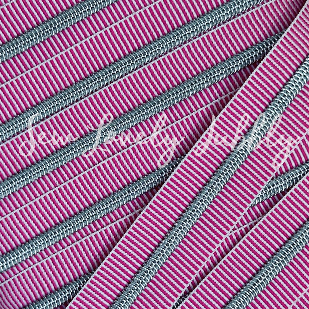 Sew Lovely Jubbly Pink and White Stripe #5 Nylon Coil Striped Zipper with Nickel Coil - 2 Metres Continuous Length Handbag Zip