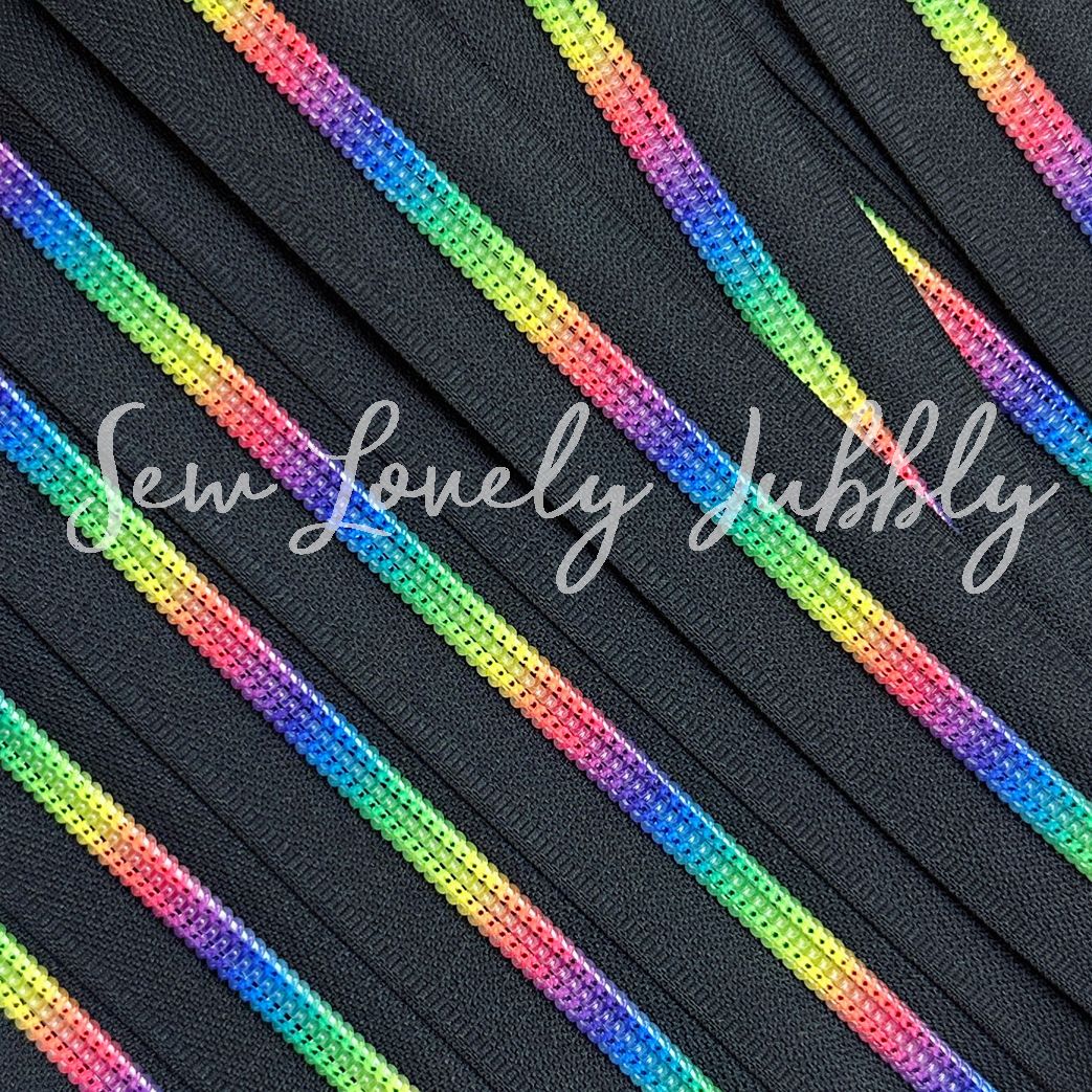 Sew Lovely Jubbly Black #5 Nylon Coil Zippers with Neon Rainbow Coil - 2 Me