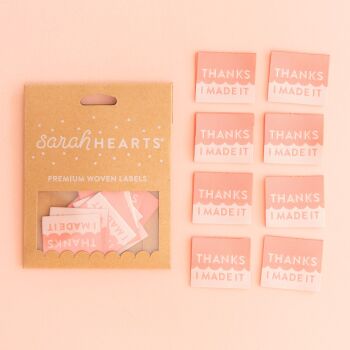Sarah Hearts "Thanks I Made It" Coral - Sewing Woven Clothing Label Tags - 8 Pack