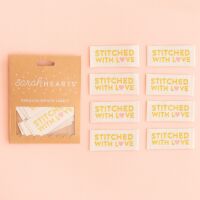 Sarah Hearts "Stitched with Love" Gold - Sewing Woven Clothing Label Tags - 8 Pack