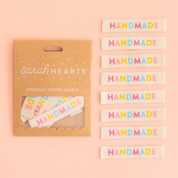 Sarah Hearts Colourful "Handmade" - Sewing Woven Clothing Label Tags - 8 Pack
