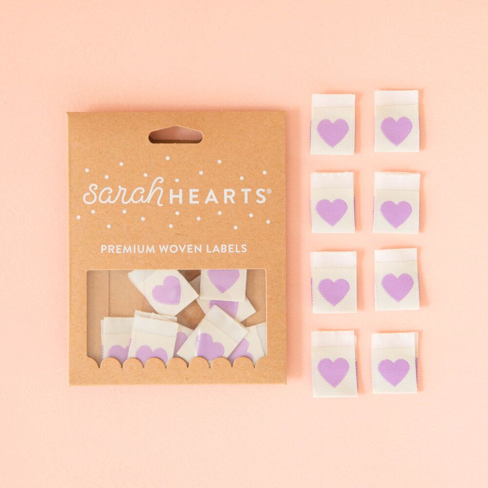 Sarah Hearts Purple Hearts - Sewing Woven Clothing Label Tags - 8 Pack
