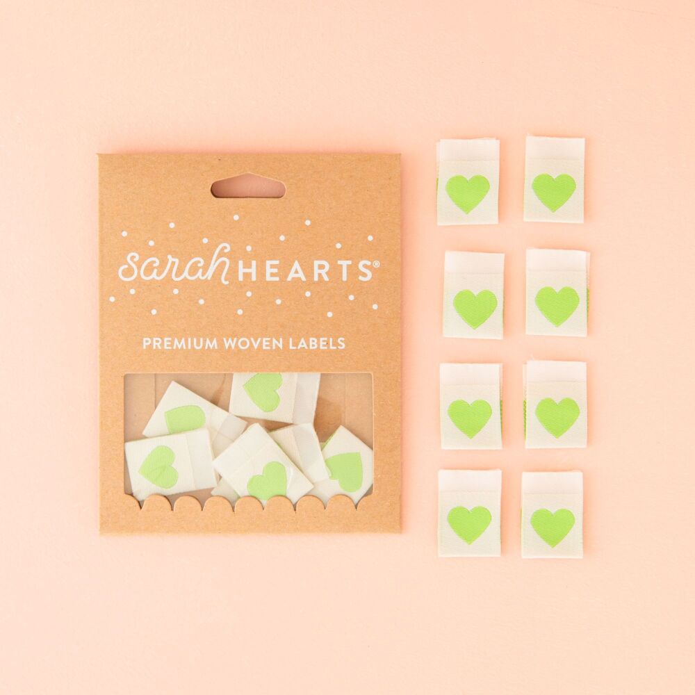 Sarah Hearts Green Hearts - Sewing Woven Clothing Label Tags - 8 Pack