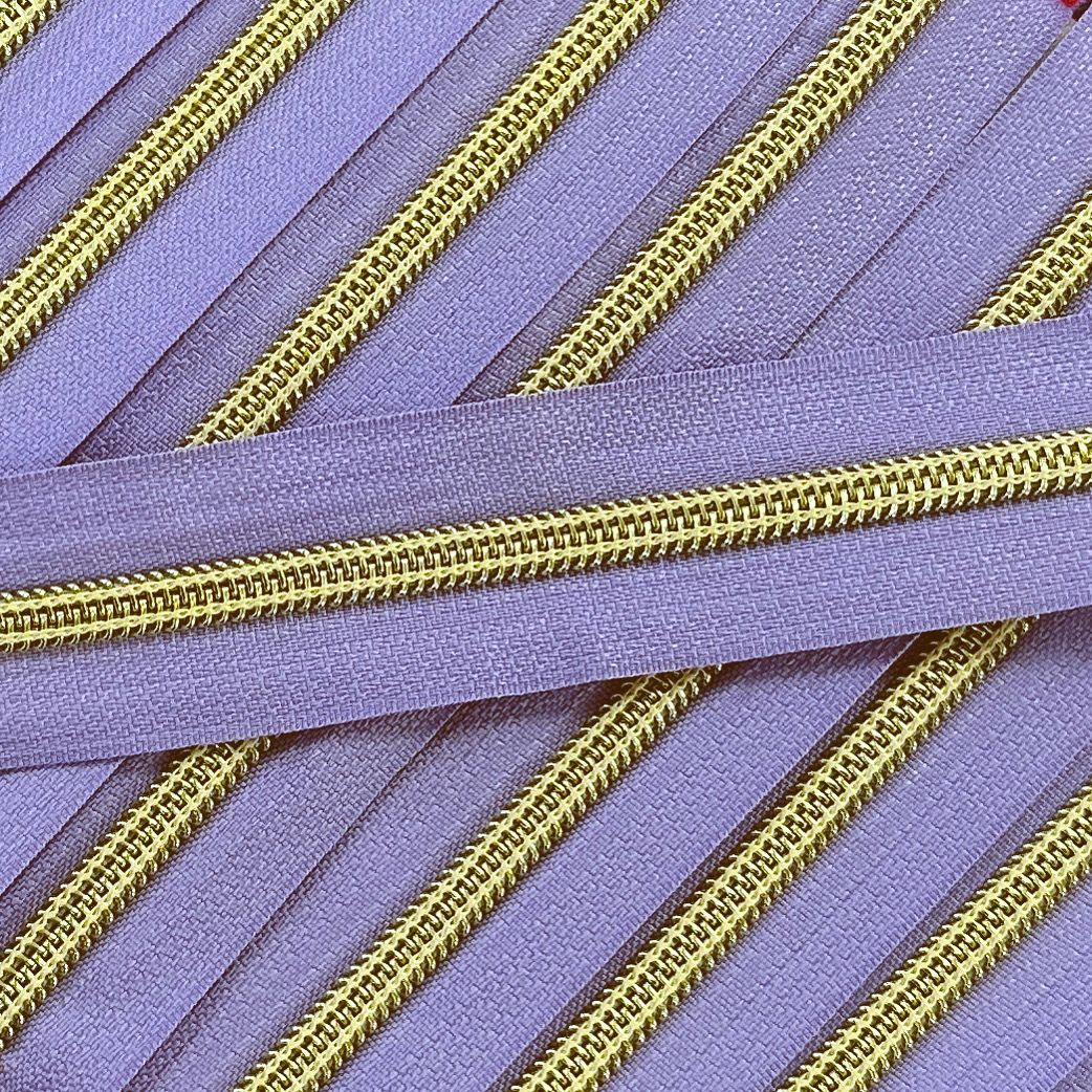 Sew Lovely Jubbly Lilac #5 Nylon Coil Zipper with Gold Coil - Precut 2 Metres Continuous Length Handbag Zip - No Pulls