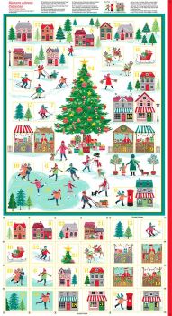 Skaters Advent Calendar 24" Panel with Metallic Gold Ice Skating Christmas Festive Winter Holiday Cotton Fabric by Makower