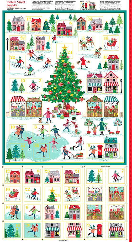 Skaters Advent Calendar 24" Panel with Metallic Gold Ice Skating Christmas Festive Winter Holiday Cotton Fabric by Makower