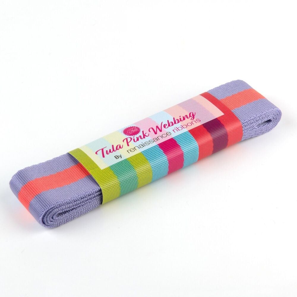 Tula Pink Webbing - 1.5" Lavender and Neon Peach by Renaissance Ribbons - 2 yard pack