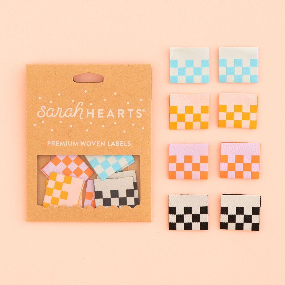 Sarah Hearts Checkerboard Multipack - Sewing Woven Clothing Label Tags - 8 Pack