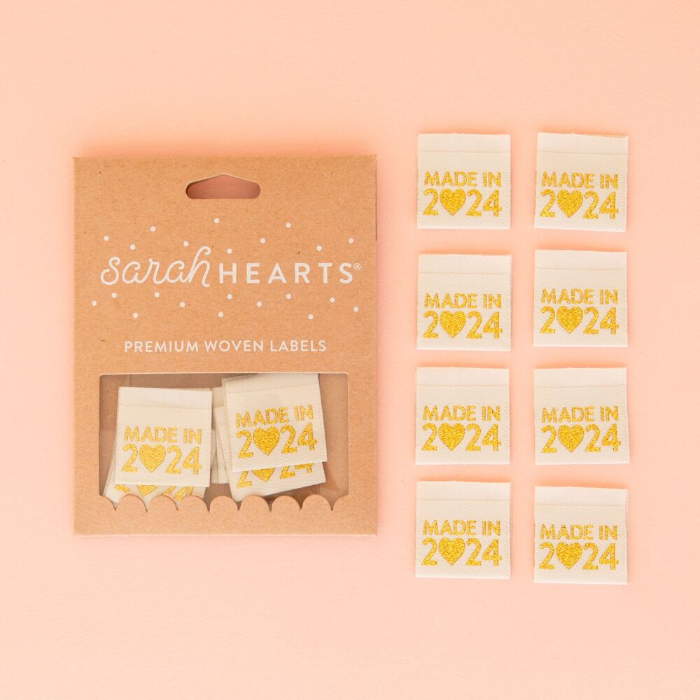 Sarah Hearts "Made in 2024" Hearts - Sewing Woven Clothing Label Tags - 8 Pack