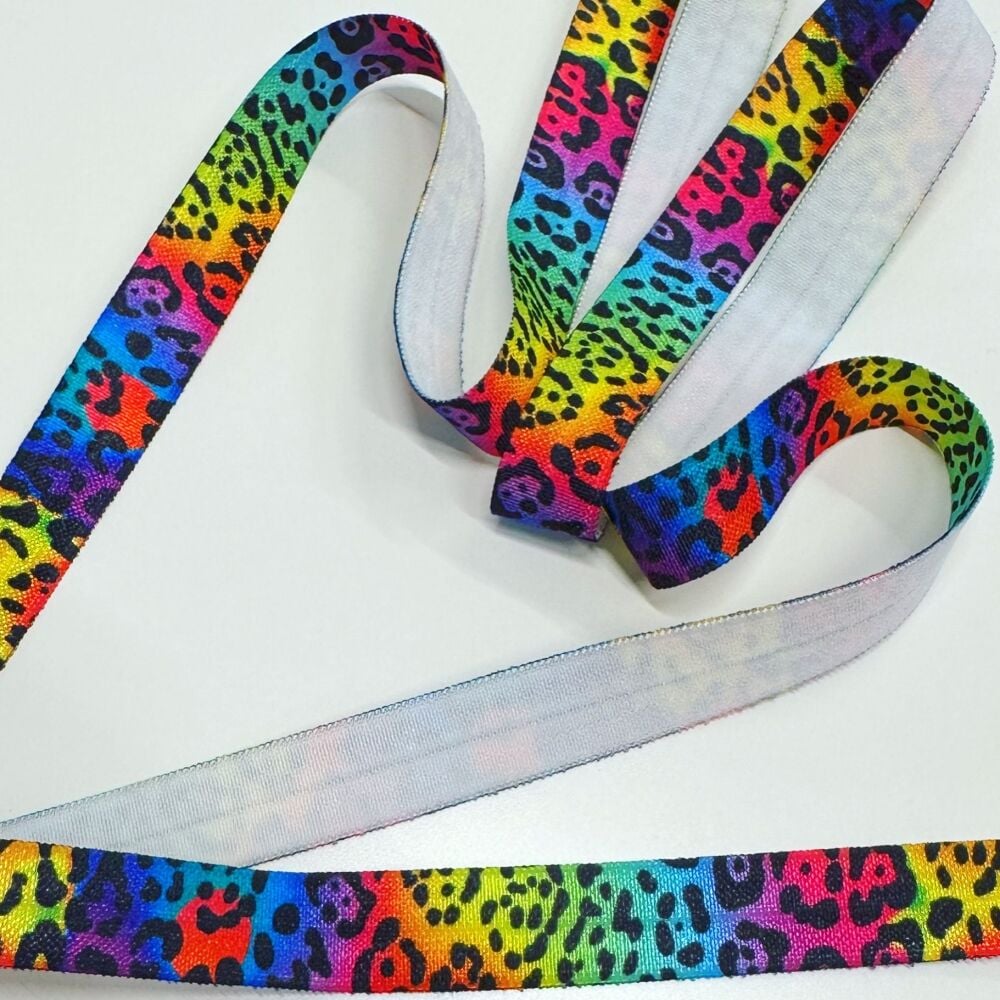 Sew Lovely Jubbly 5/8 inch 15mm Fold-Over Elastic Rainbow Leopard - sold pe