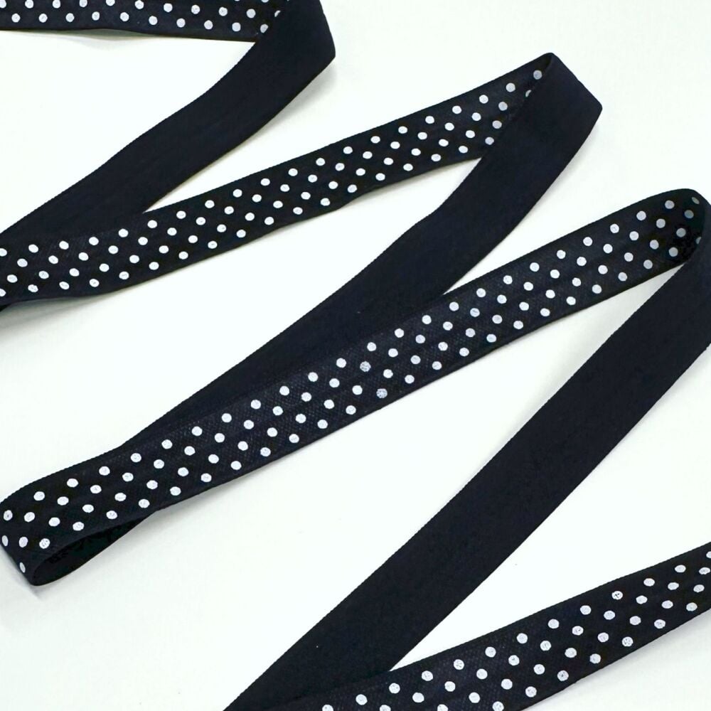 Sew Lovely Jubbly 5/8 inch 15mm Fold-Over Elastic Black Polka Dot - sold pe