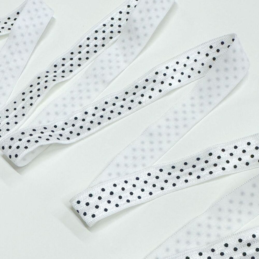 Sew Lovely Jubbly 5/8 inch 15mm Fold-Over Elastic White Polka Dot - sold pe