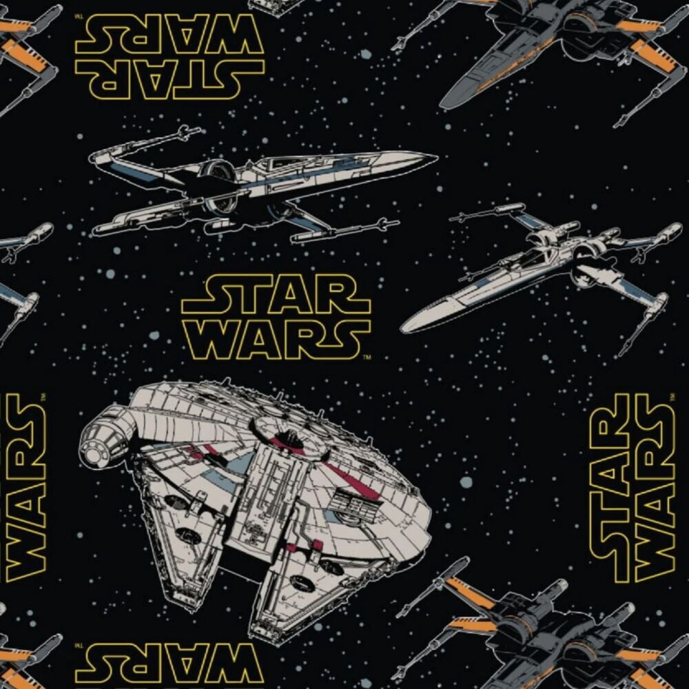 Star Wars Logo Ships Charcoal Millienium Falcon TIE Fighter Space Battle Cotton Fabric per half metre