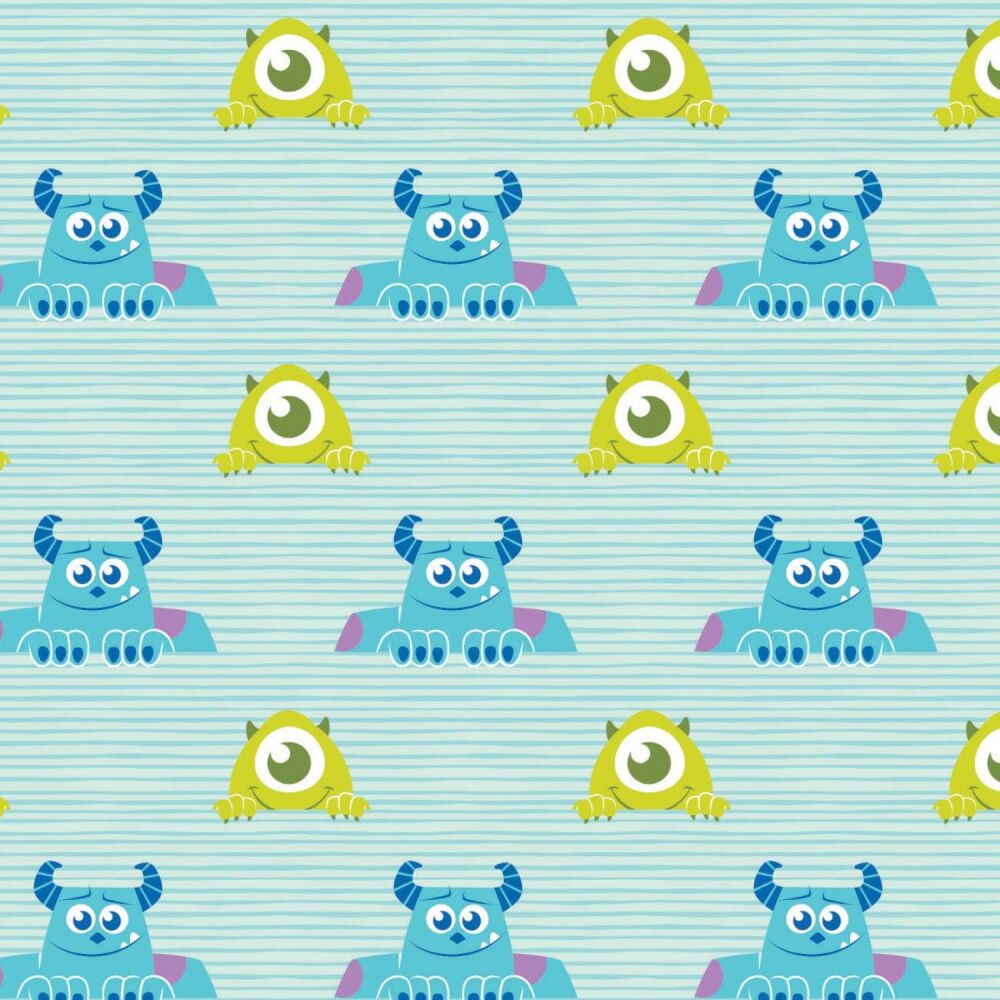 Disney Pixar Monsters Inc Mike & Sully Stripe Aqua Cotton Fabric per half m