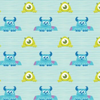 Disney Pixar Monsters Inc Mike & Sully Stripe Aqua Cotton Fabric per half metre