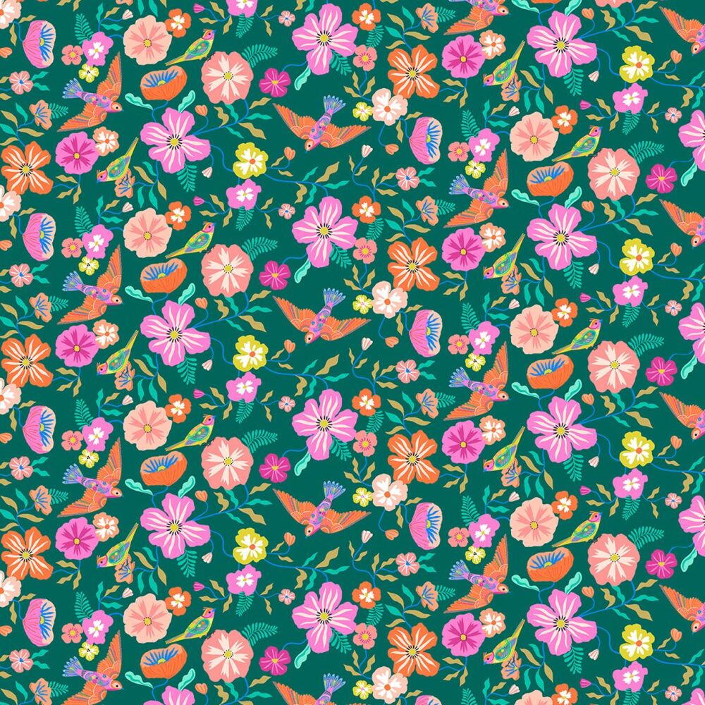 Songbird by Bethan Janine Floral Birds on Forest Green 2417 Dashwood Cotton