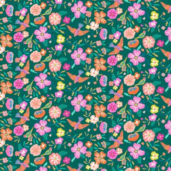 Songbird by Bethan Janine Floral Birds on Forest Green 2417 Dashwood Cotton Fabric