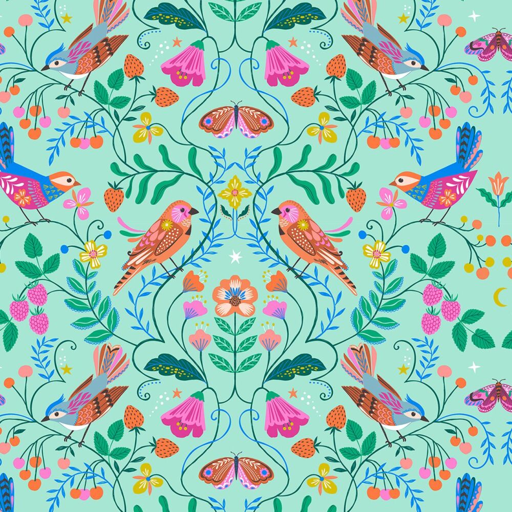 Songbird by Bethan Janine Tiny Birds on Aqua 2420 Dashwood Cotton Fabric