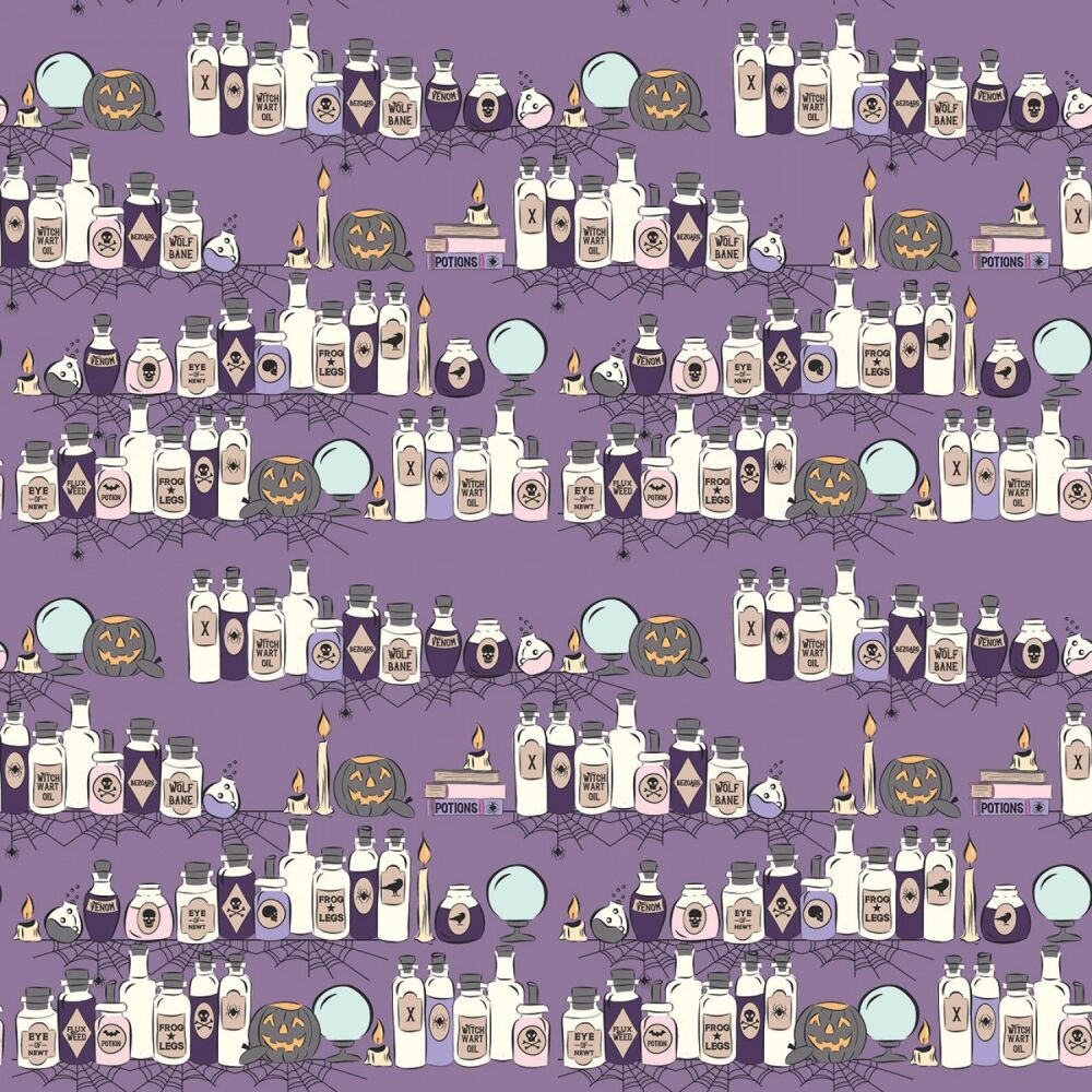 Spooky Schoolhouse Potions Class Lilac Halloween Bottles Cotton Fabric