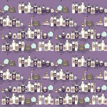 Spooky Schoolhouse Potions Class Lilac Halloween Bottles Cotton Fabric