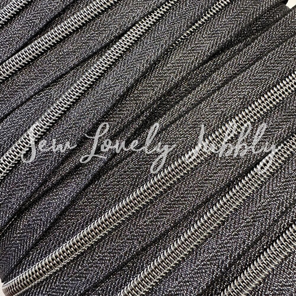Sew Lovely Jubbly Gunmetal Glitter #5 Nylon Coil Striped Zipper with Gunmet