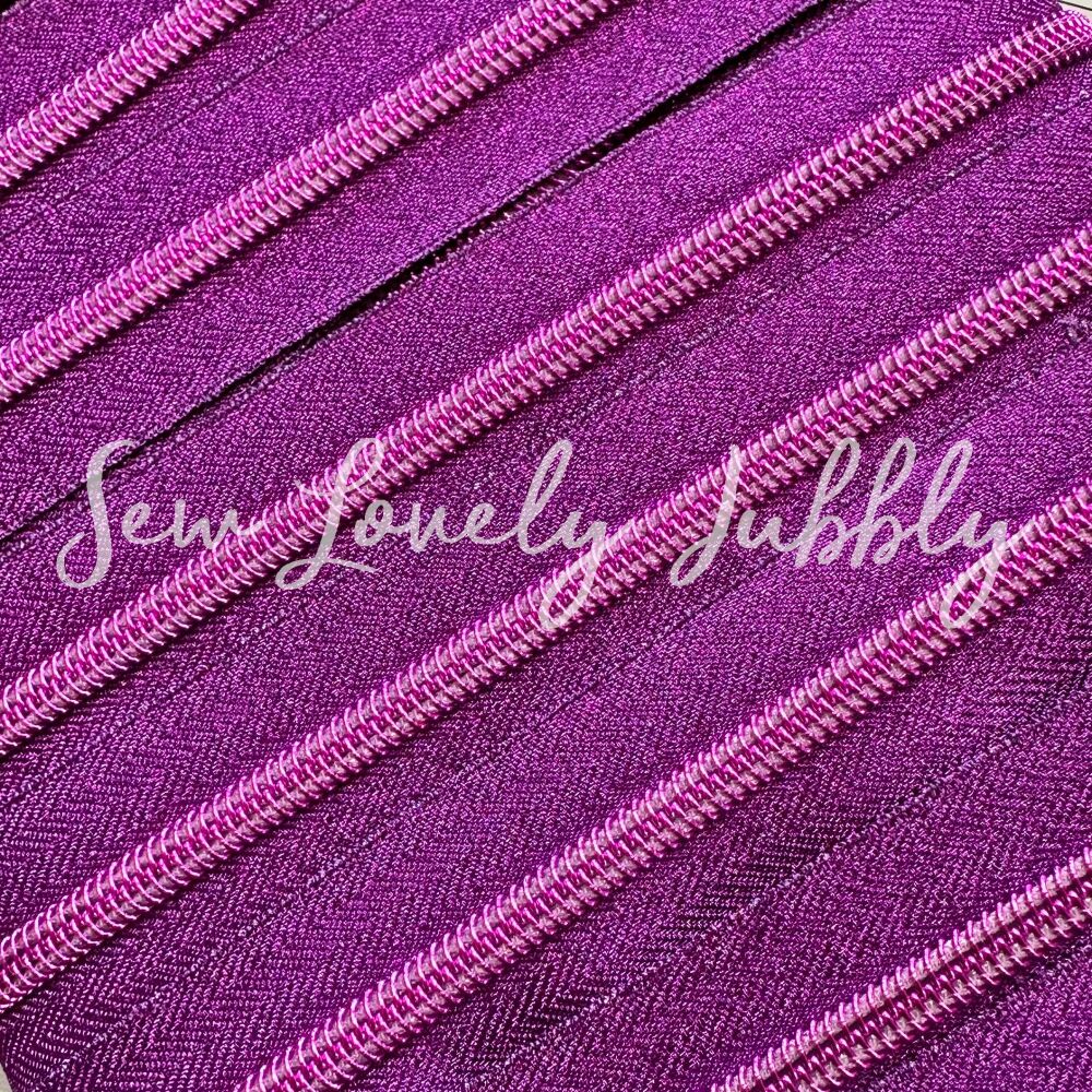 Sew Lovely Jubbly Pink Glitter #5 Nylon Coil Striped Zipper with Pink Metal