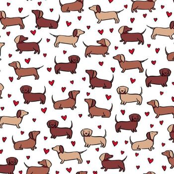 REMNANT 1m Dachshund Sausage Dogs Love Hearts Wiener Dog White Cotton Fabric