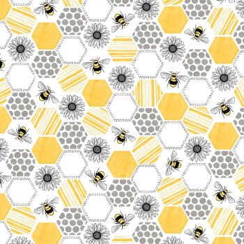 LAST FAT QUARTER Queen Bee Buzzin Around Yellow Honeycomb Bees Floral Cotton Fabric