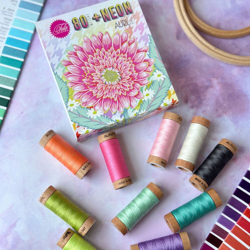 Tula Pink Untamed Collection 80wt Aurifil Cotton Thread 10 Small 275m Spool Box Including 3 Neons