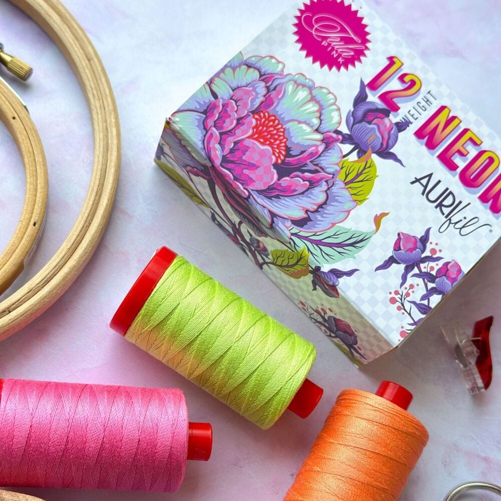 ORDER SEPARATELY - PRE-ORDER OCTOBER 2024 Tula Pink Untamed Neon Collection 12wt Aurifil Cotton Thread 3 Large 325m Spool Box