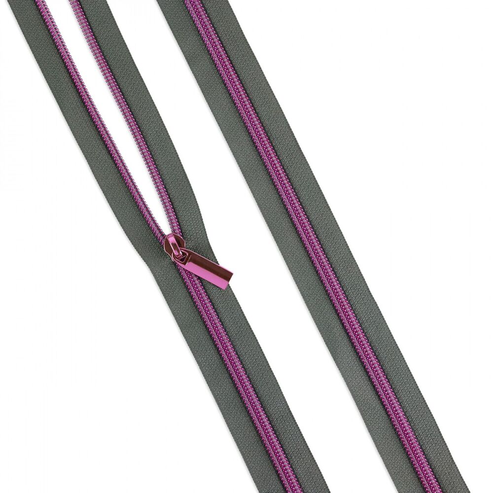 Tula Pink Grey #5 Nylon Tula Pink Coil Zipper 3yds and 9 Pulls by Sallie Tomato