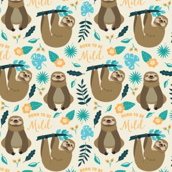 DESTASH 1.10m Very Punny Born To Be Mild Sloth Leaves Cotton Fabric