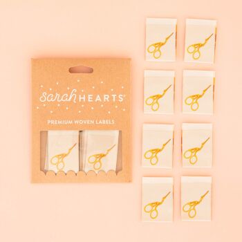 Sarah Hearts Stork Scissors - Sewing Woven Clothing Quilt Project Label Tags - 8 Pack