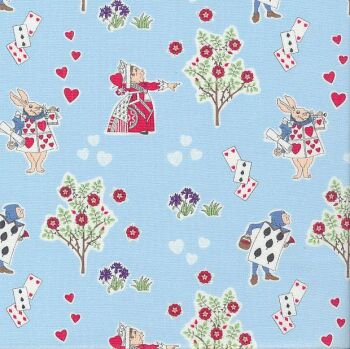 V & A Alice in Wonderland Queen of Hearts Blue Lewis Carroll Character Cotton Fabric per half metre