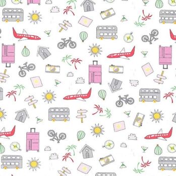 DESTASH 1.56m Travel Daze Let's Go Places Pink Icons Planes Holiday Adventure Vacation Cotton Fabric