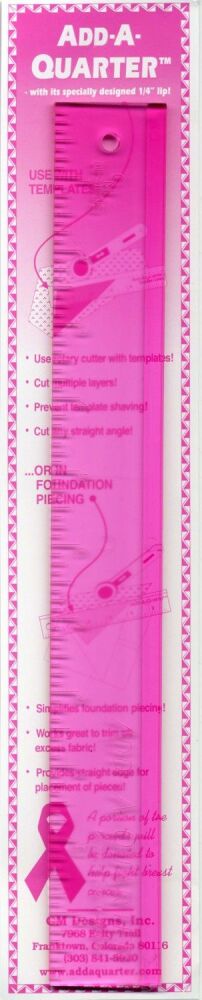 Add-A-Quarter Pink 12" Ruler Add A Quarter For Foundation Paper Piecing by CM Designs