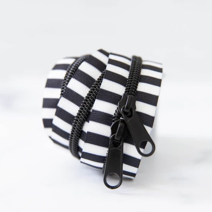 30" #5 Double Slide Handbag Zipper - Black and White Striped - Black