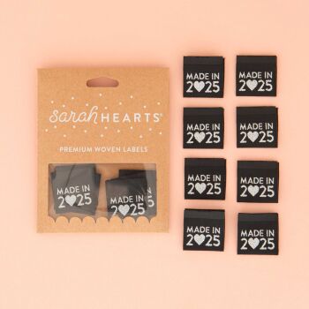 Sarah Hearts "Made in 2025" - Silver Sewing Woven Clothing Quilt Project Label Tags - 8 Pack