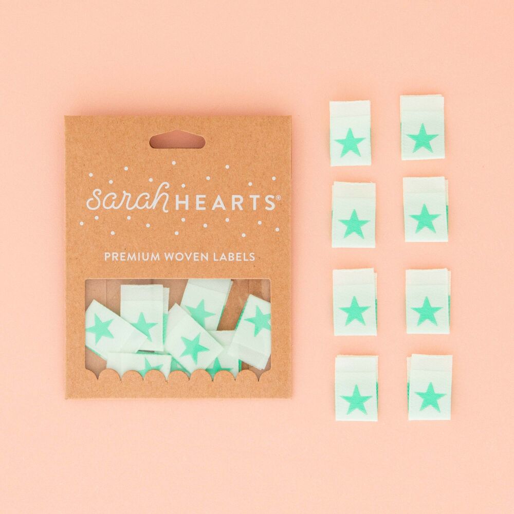 Sarah Hearts Mint Green Star - Sewing Woven Clothing Quilt Project Label Tags - 8 Pack