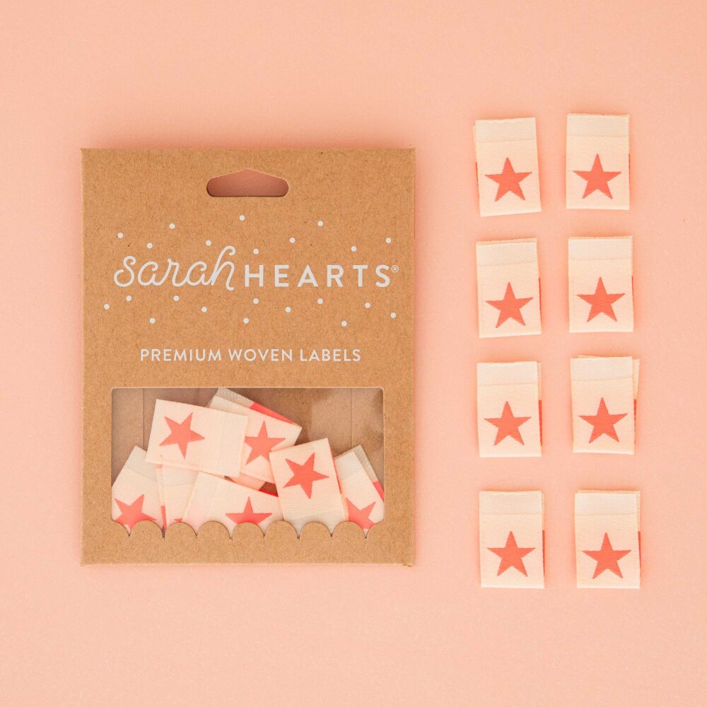 Sarah Hearts Neon Coral Star - Sewing Woven Clothing Quilt Project Label Tags - 8 Pack