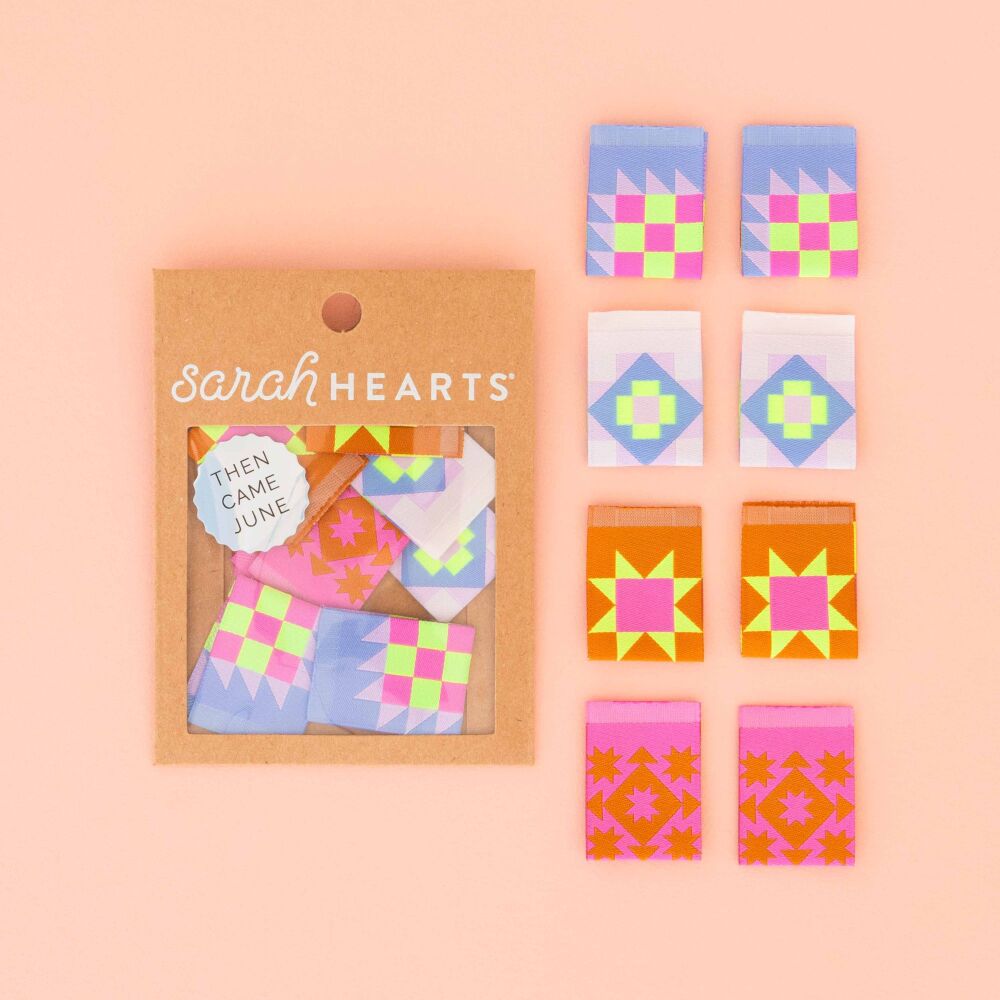 Sarah Hearts Then Came June Collab Neon Quilt Block - Sewing Woven Clothing Quilt Project Label Tags - 8 Pack