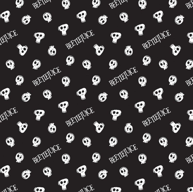 DESTASH 50cm Beetlejuice Tossed Skulls Black Logo Tim Burton Movie Skull Michael Keaton Halloween Cotton Fabric