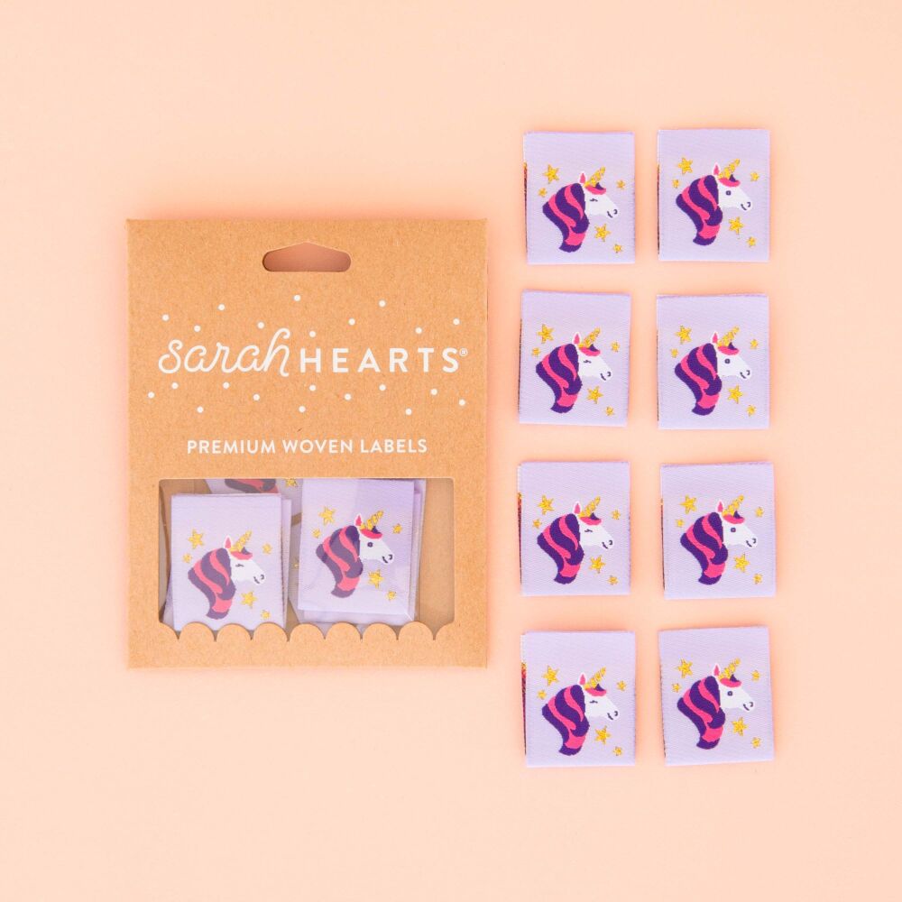 Sarah Hearts Unicorn - Sewing Woven Clothing Quilt Project Label Tags - 8 Pack