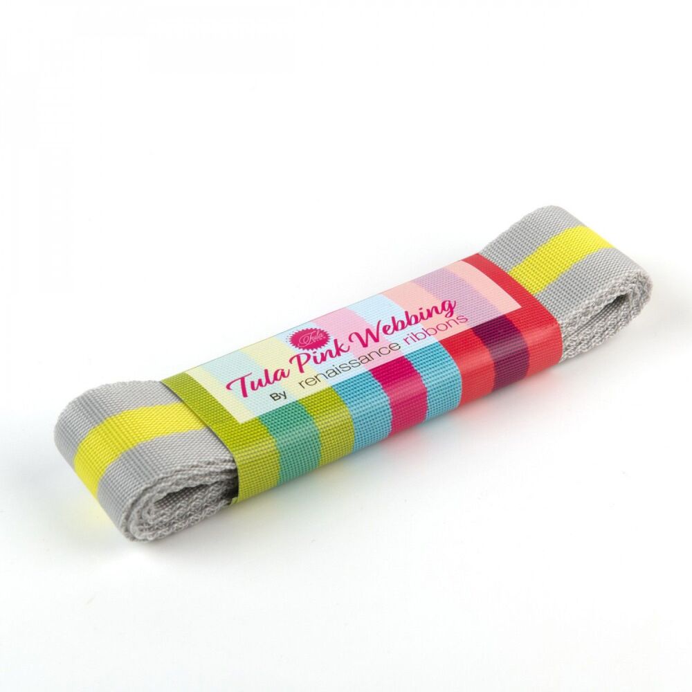Tula Pink Webbing - 1.5" Soft Grey and Neon Yellow by Renaissance Ribbons - 2 yard pack