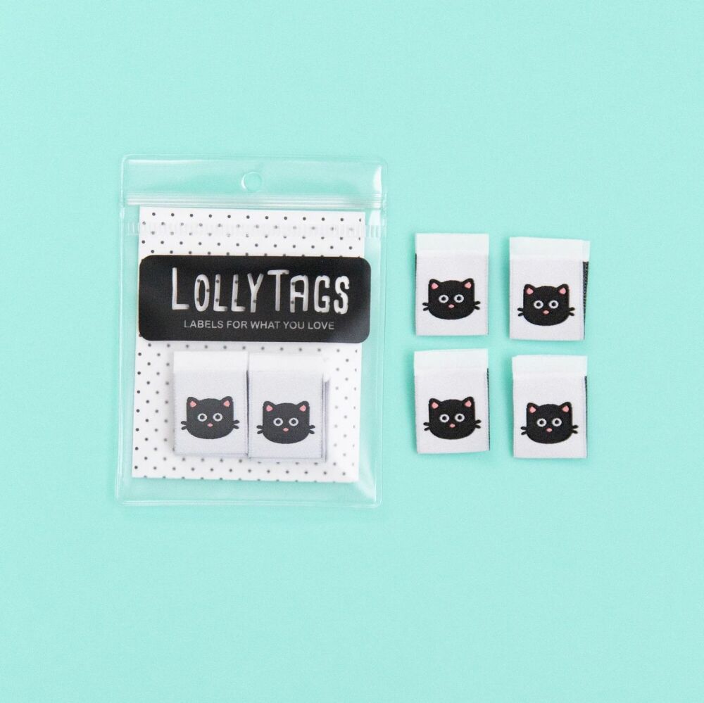 Lolly Tags Black Cat Kitties - Sewing Woven Clothing Quilt Project Label Tags - 8 Pack