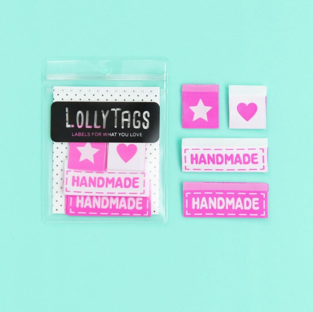 Lolly Tags Pink Handmade Variety - Sewing Woven Clothing Quilt Project Label Tags - 8 Pack