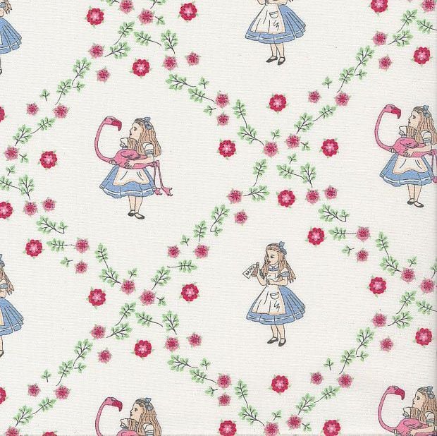 DESTASH 47cm V & A Alice in Wonderland Floral Flamingo White Lewis Carroll Character Cotton Fabric