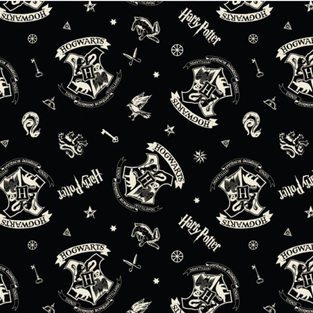 DESTASH 1.98m Harry Potter School Crest on Black DELUXE Hogwarts House Magical Wizard Witch Cotton Fabric