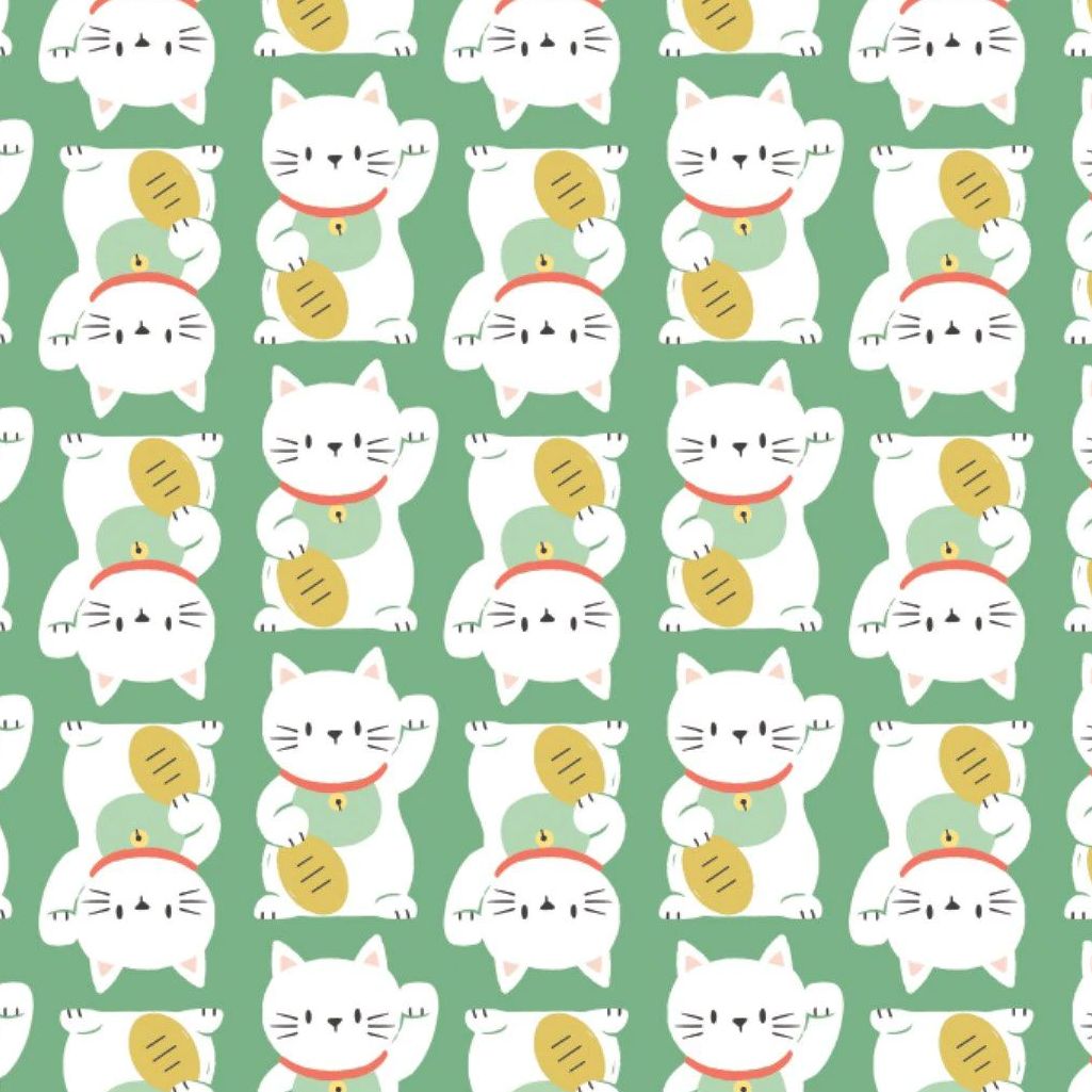 LAST FAT QUARTER On A Roll Maneki Neko Mint Waving Lucky Fortune Cat Cotton