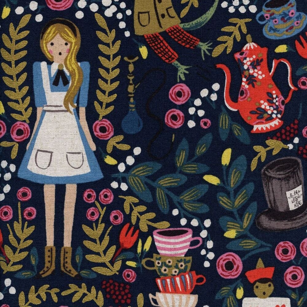 DESTASH 56cm RARE Rifle Paper Co. Wonderland Alice in Wonderland on Navy with Metallic Gold Cotton Linen Canvas Fabric